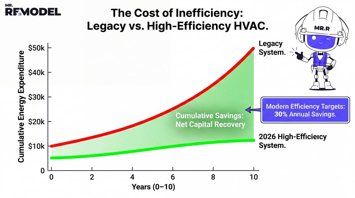 A clean, dual-axis line graph. The X-axis represents years (0–10). The red line represents the utility cost of an old "Legacy" system (constantly trending upward due to inefficiency). The green line represents the "Modern High-Efficiency System" (staying significantly lower). The "Gap" between the two lines is shaded in green and labeled "Net Capital Recovery: Self-Funding Asset."